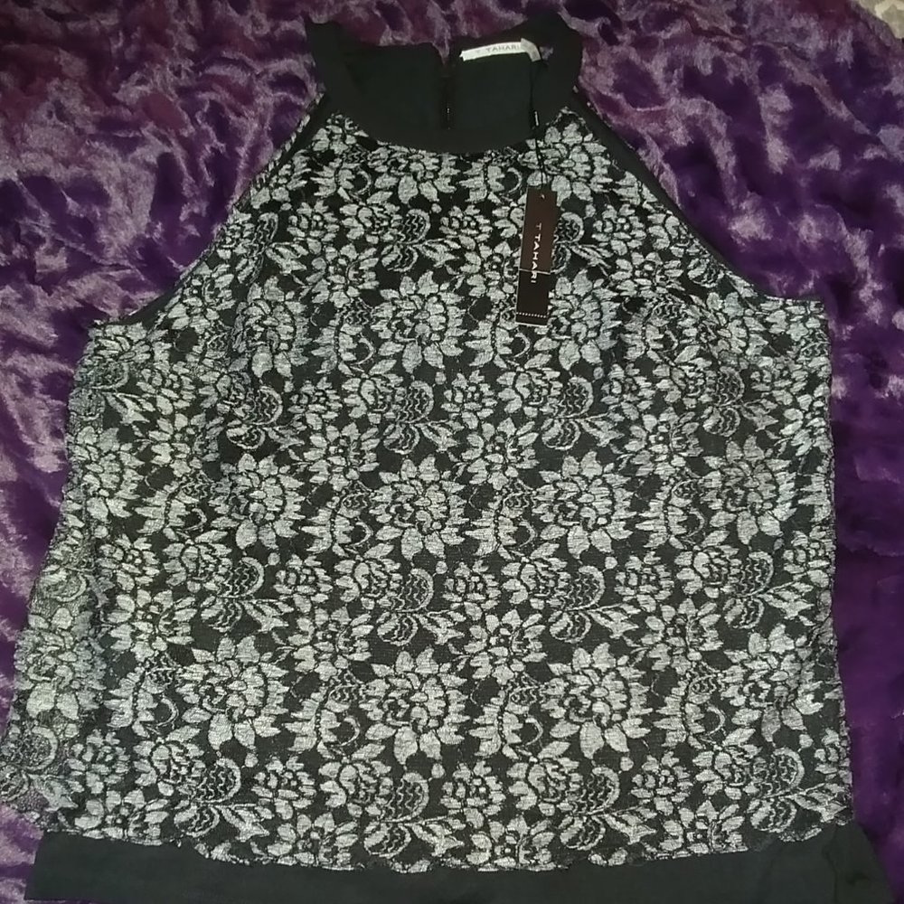 NWT Tahari open shoulder lace top- XL black/silver